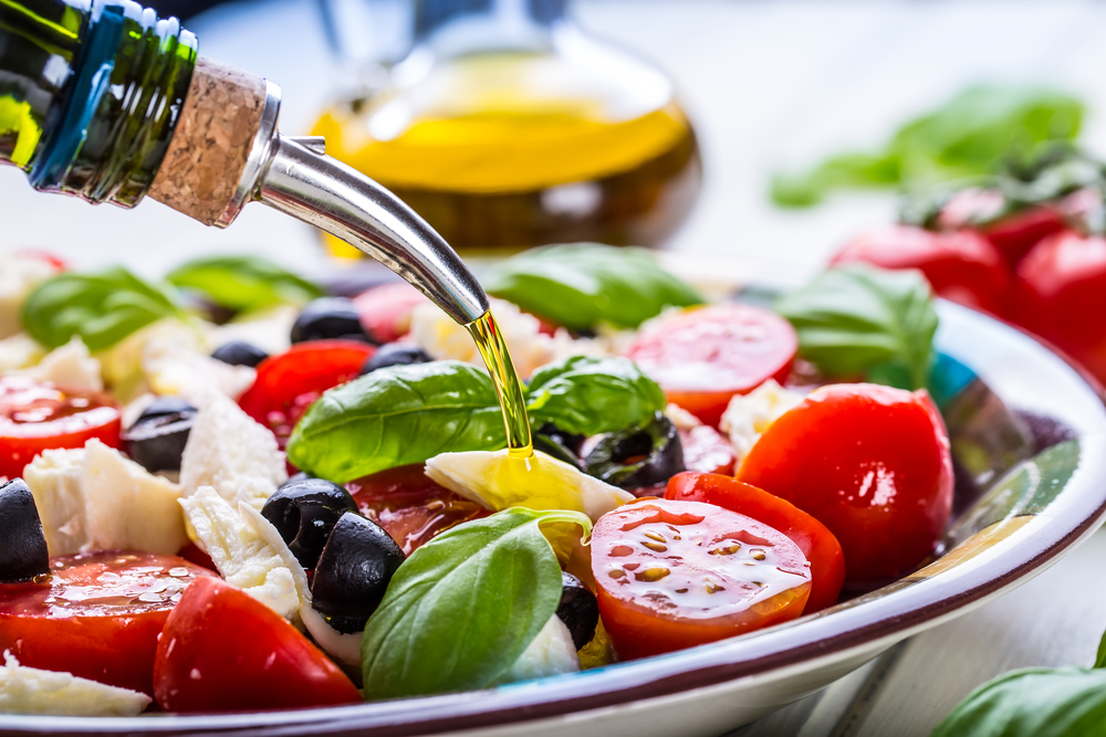 Caprese,Italian,Or,Mediterranean,Salad.,Tomato,Mozzarella,Basil,Leaves,Black