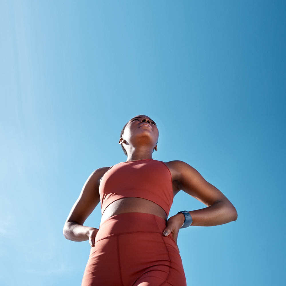 Low,Angle,,Sports,Fitness,And,Black,Woman,Outdoor,Getting,Ready