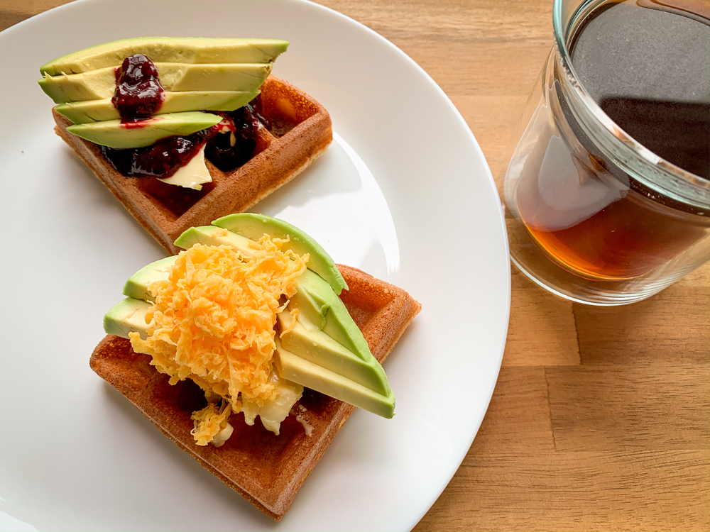 Homemade,Ketogenic,Waffles,With,Berry,Jam,,,Avocado,And,Coffee