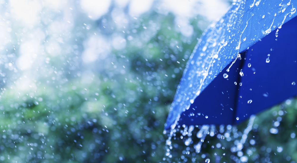 Lifestyle,Scene,Of,Rainy,Weather.,Blue,Umbrella,Under,Rainfall.,Banner